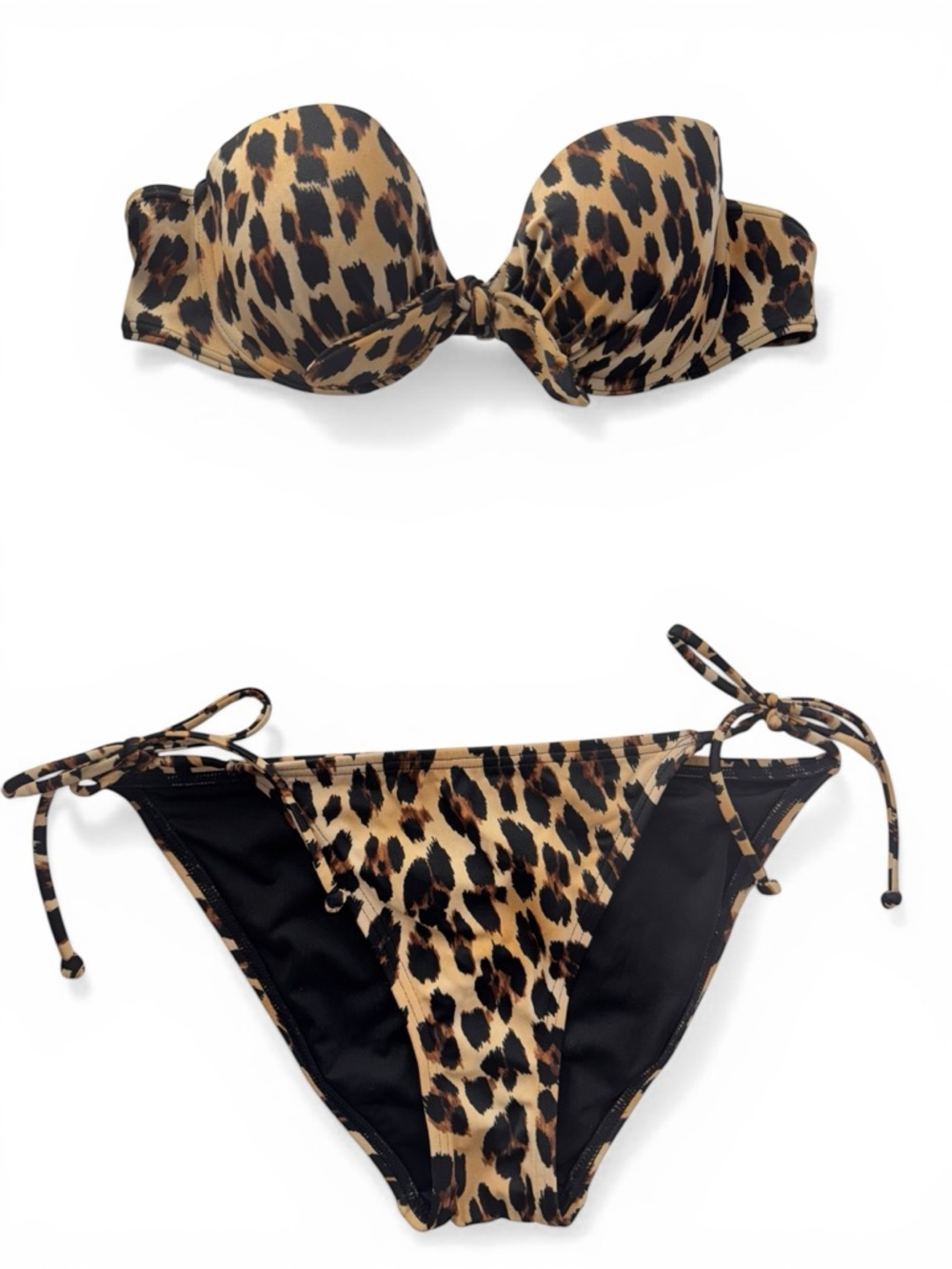 Victoria's Secret Leopard Bikini Biofit Push Up Top - Side Tie Bottom Black Tan